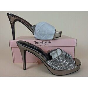 Juicy Couture Heels Womens 7.5M Gamer Dress Sandals Silver Rhinestones Shoes NWB